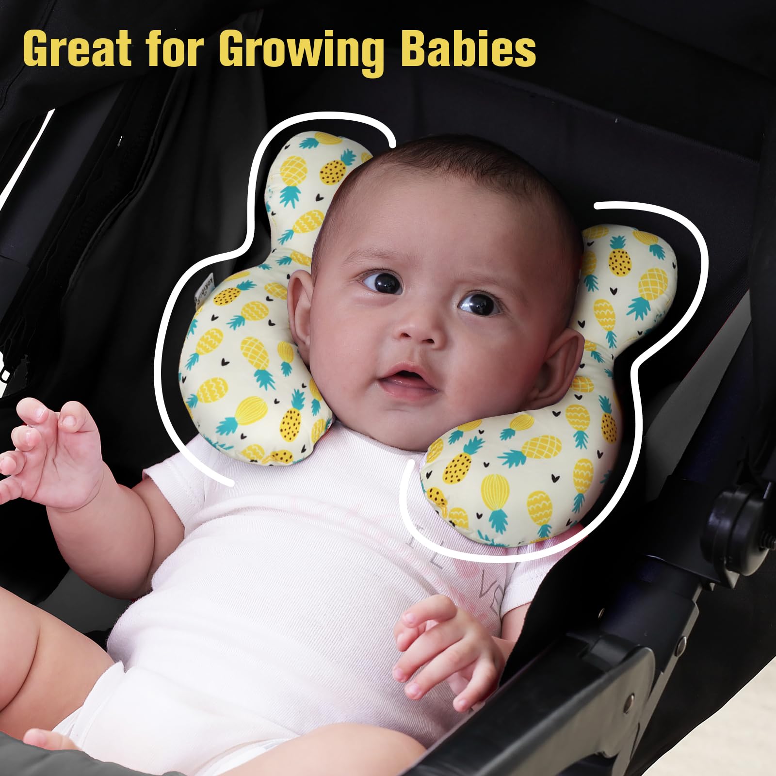 KAKIBLIN Baby Travel Pillow in car seat demonstrating portable travel compatibility