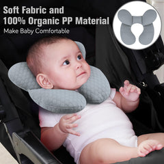 KAKIBLIN baby travel pillow highlights unique shape that cradles neck for comfortable seating.