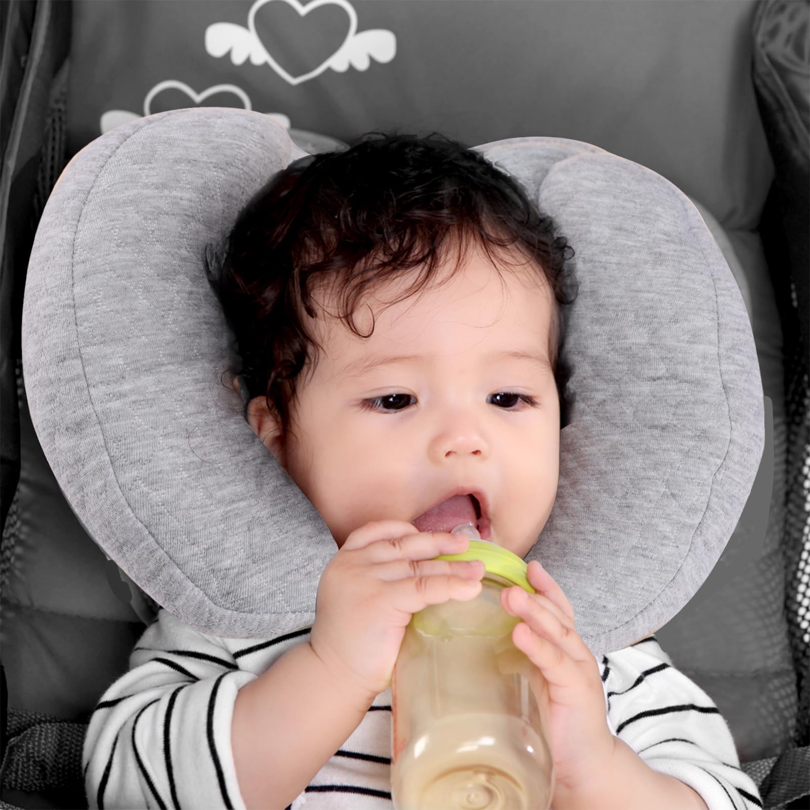 KAKIBLIN banana neck pillow travel setup gray shows flexible neck support for growing babies.