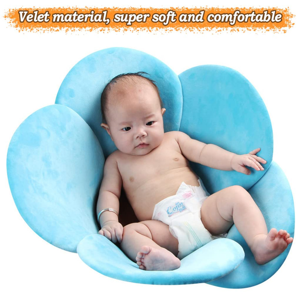 KAKIBLIN flower baby bath mat blue in bath demonstrates safe, comfortable splash time for newborns.