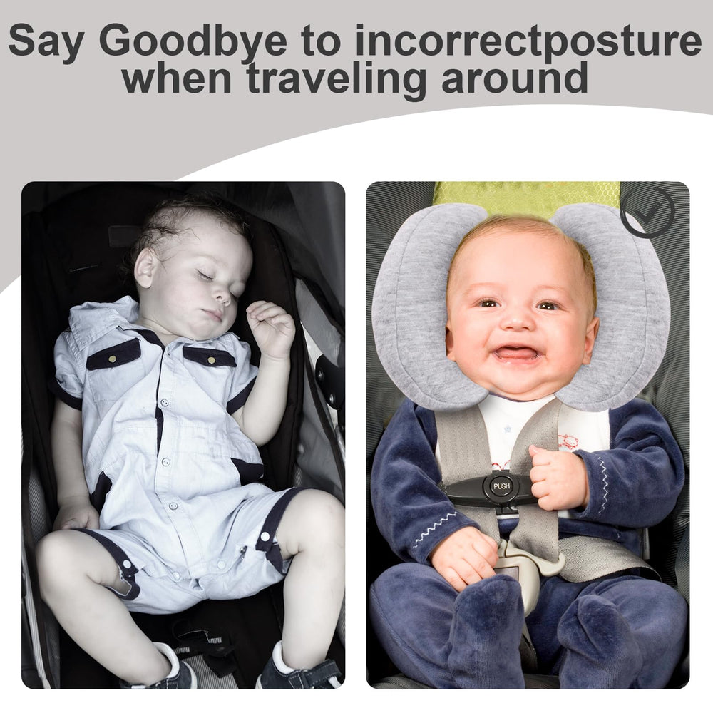 KAKIBLIN head and neck support on stroller gray emphasizes stable travel comfort.