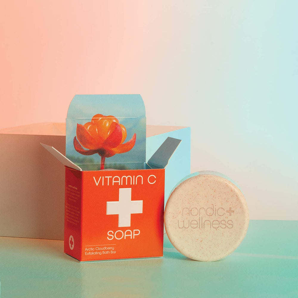 Kalastyle Nordic+Wellness Vitamin C Soap bar lathering-bubbles highlight exfoliating cleanse with Arctic Cloudberry.