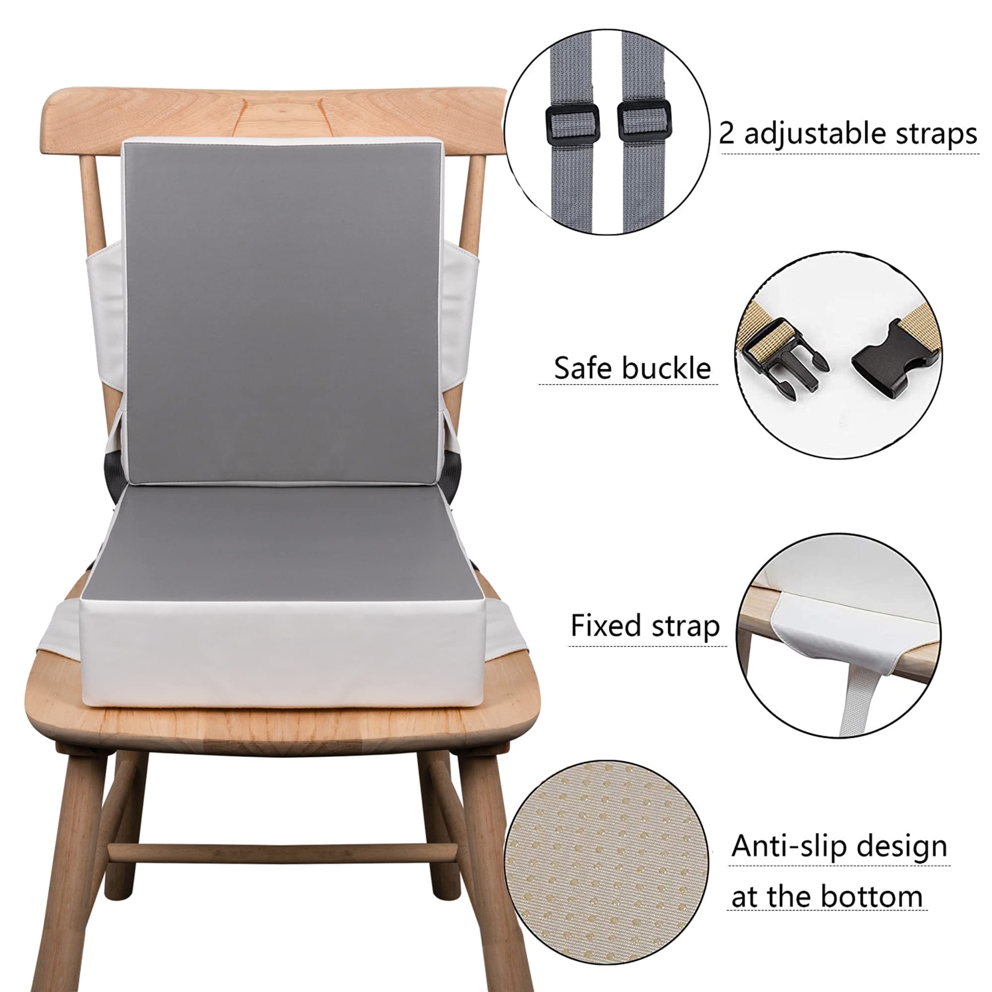 Kalawen booster seat strap close-up highlights secure buckle and wide contact area.