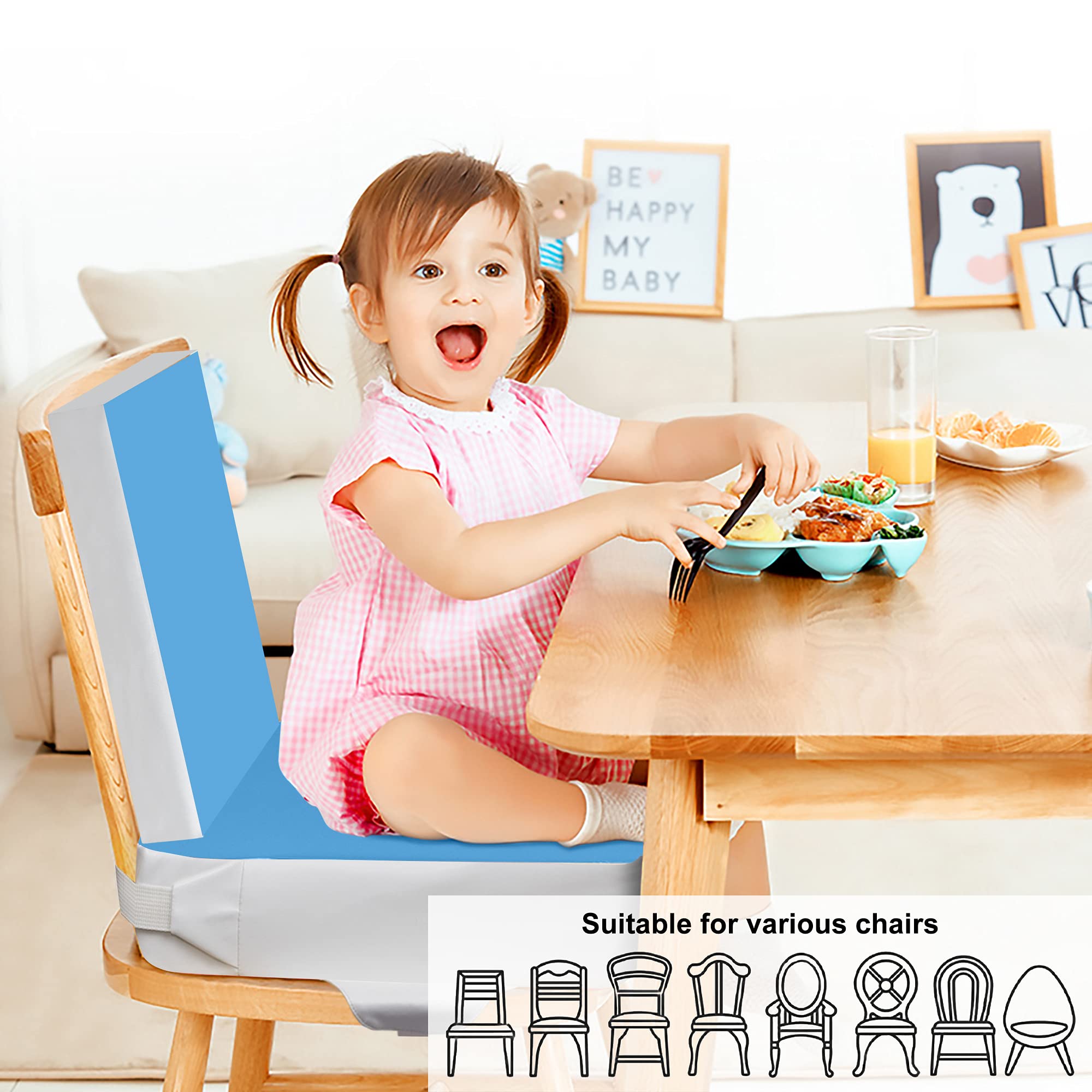 Kalawen booster seat attaches securely to most chairs for quick setup.
