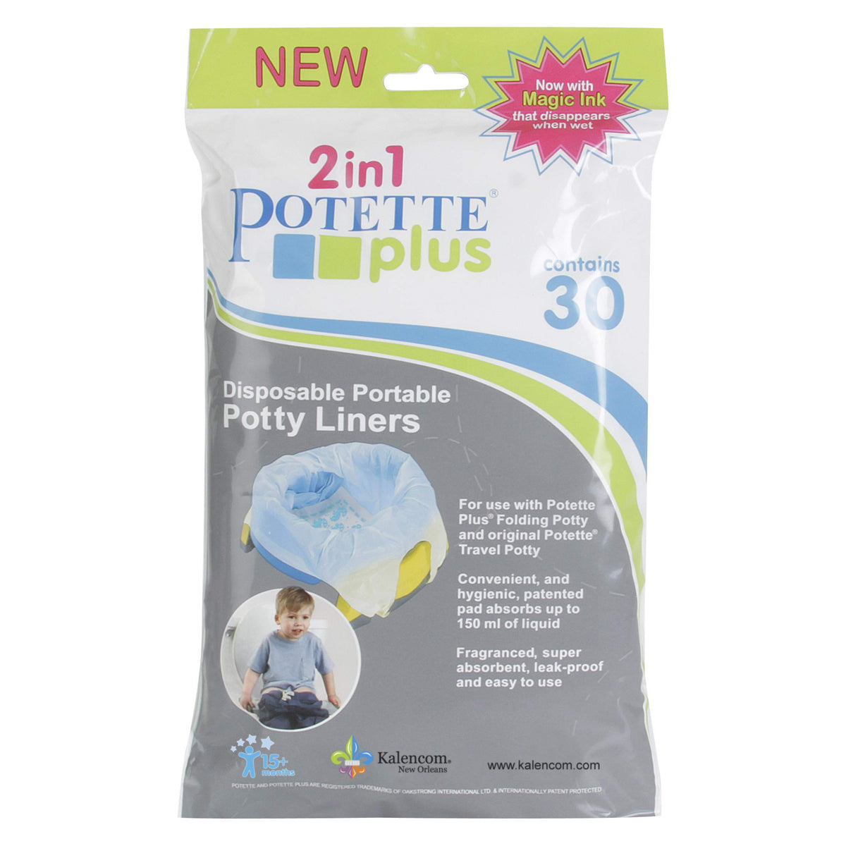 Kalencom Potette Plus liners packaging close-up highlighting odor-absorbent design for travel