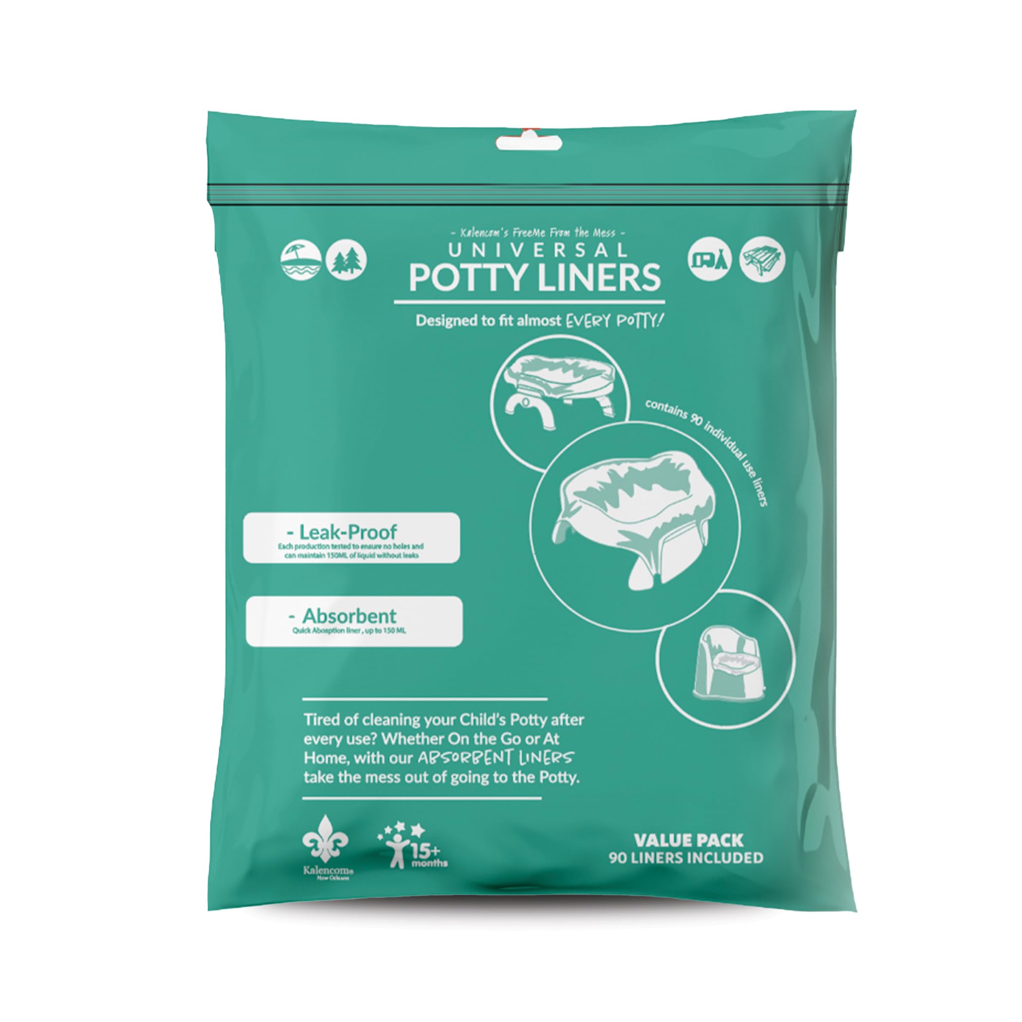 Kalencom Universal Potty Liners packaging shows fit and convenience for families