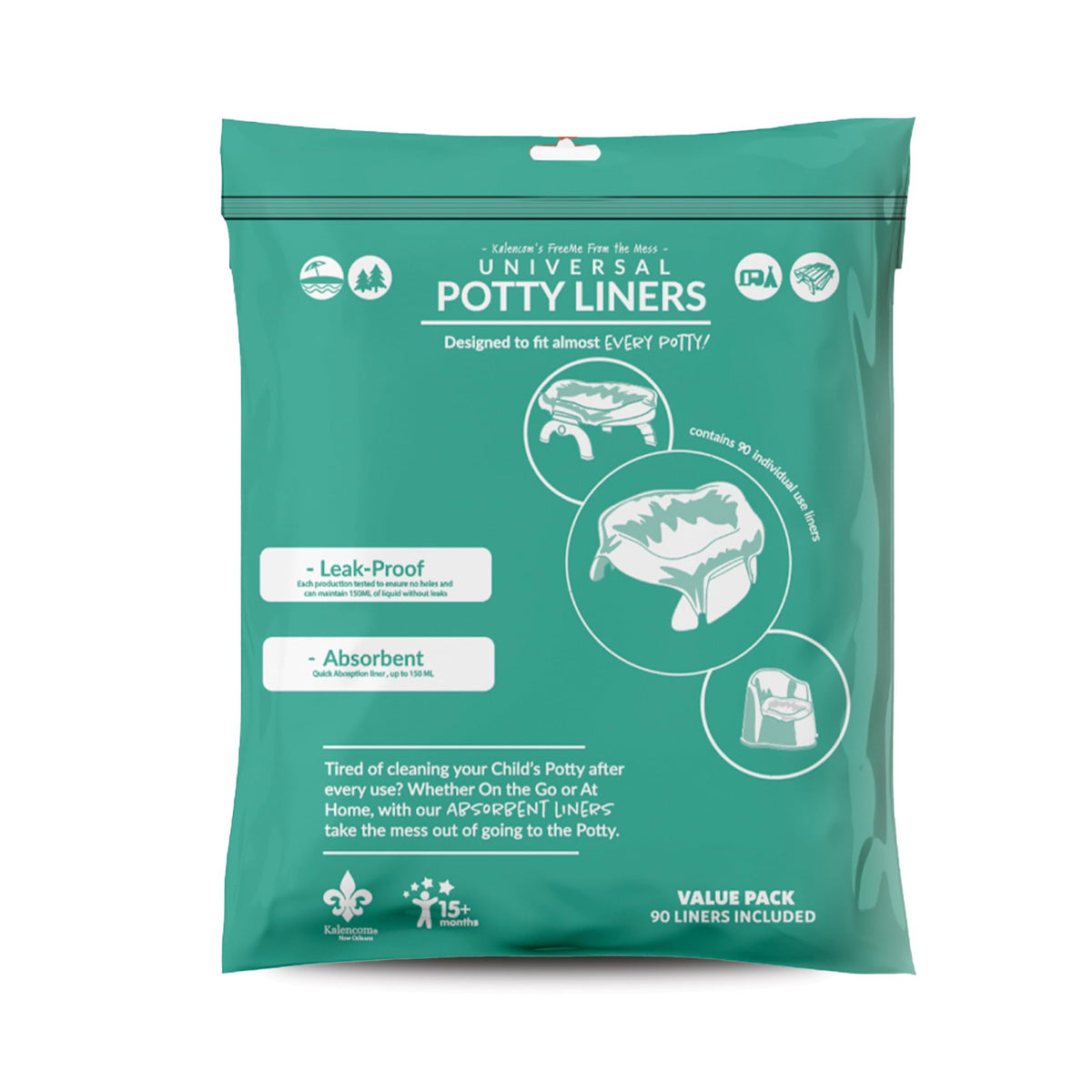 Kalencom Universal Potty Liners packaging shows fit and convenience for families