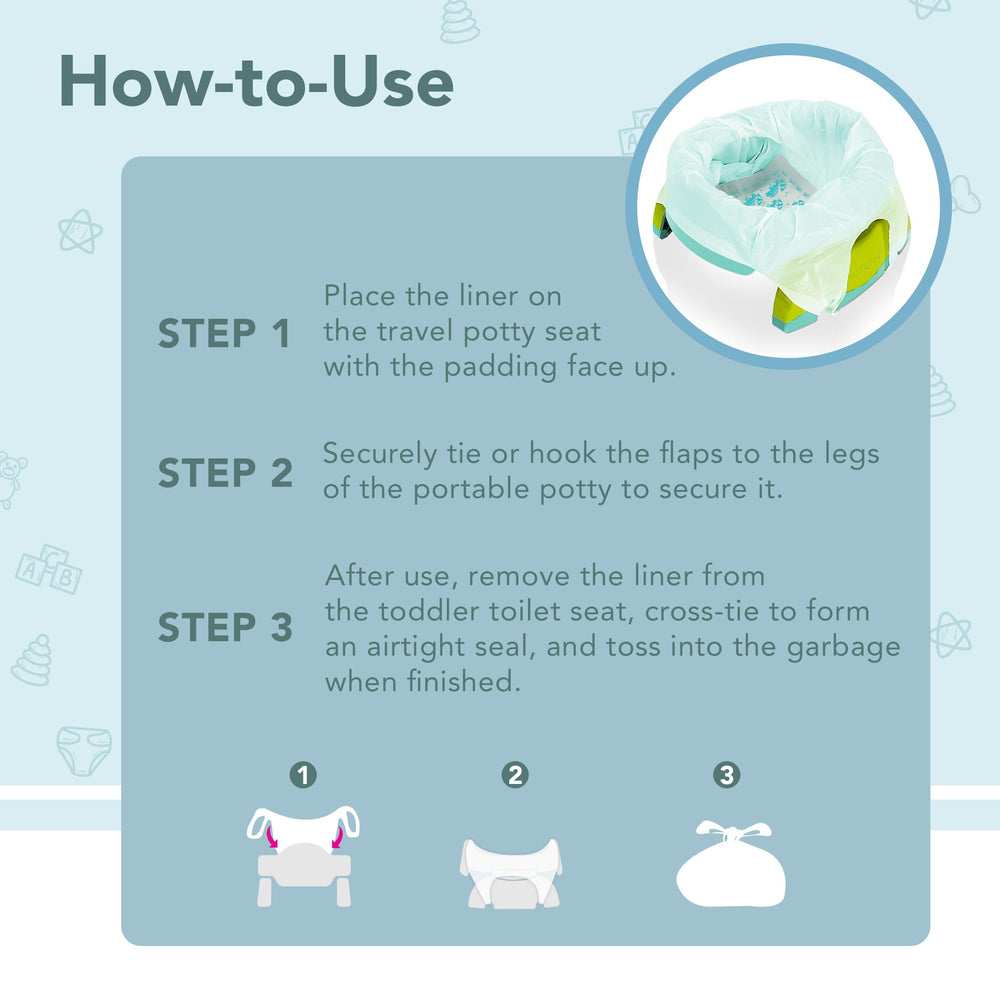 Kalencom Universal Potty Liners travel setup with secure ties for easy use
