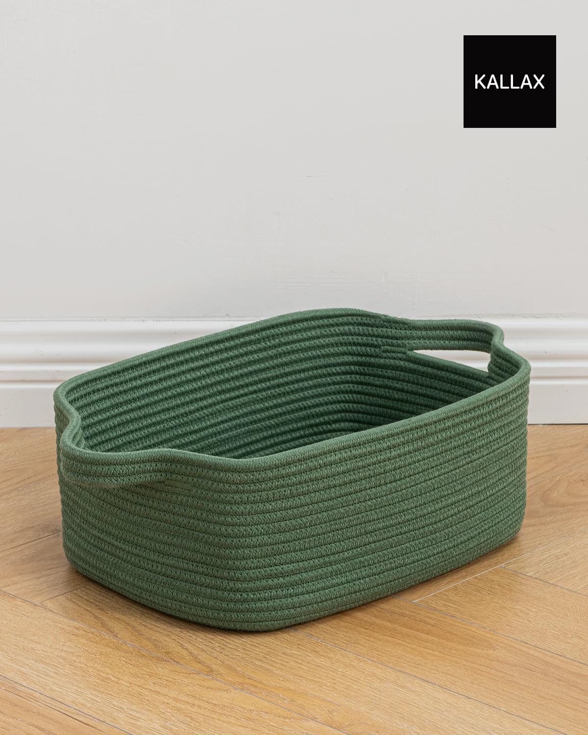 KALLAX green basket complements modern or rustic shelves with subtle color.