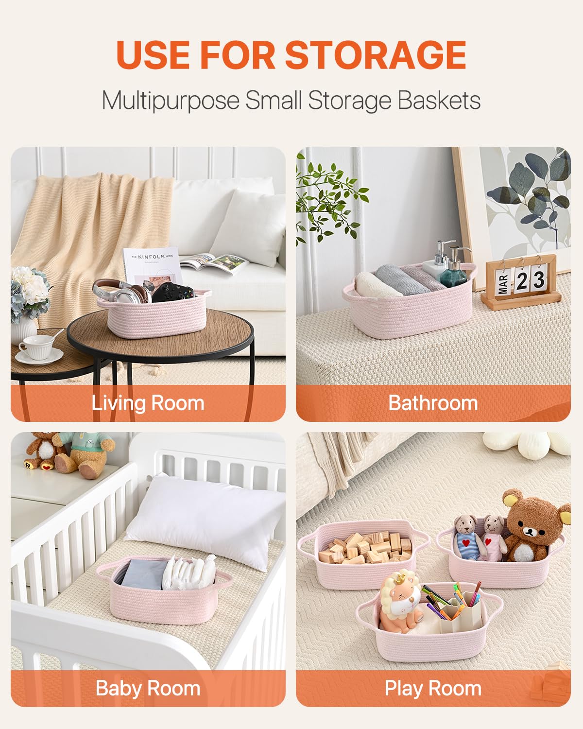 KALLAX small woven basket for bathroom items keeps toiletries neatly contained.