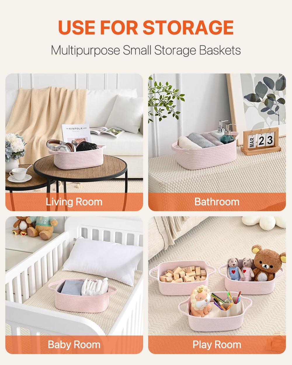 KALLAX small woven basket for bathroom items keeps toiletries neatly contained.
