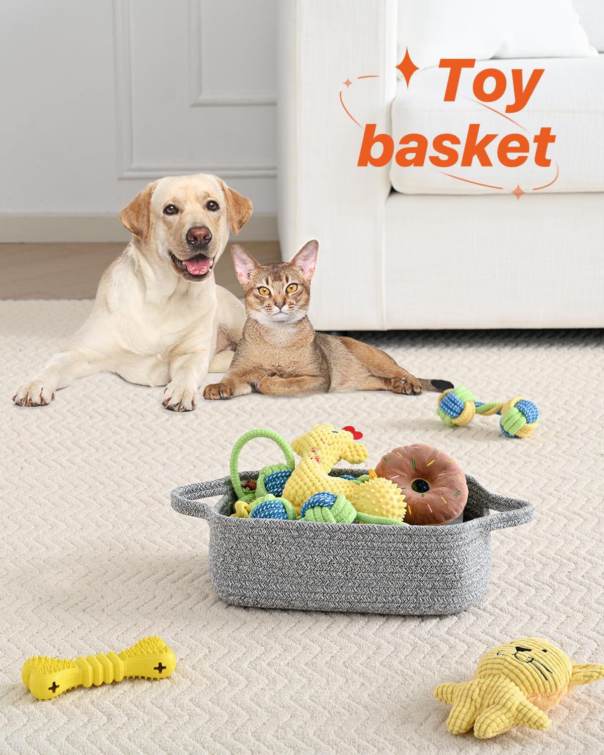 KALLAX basket with dog toys on a shelf suggests playful storage.