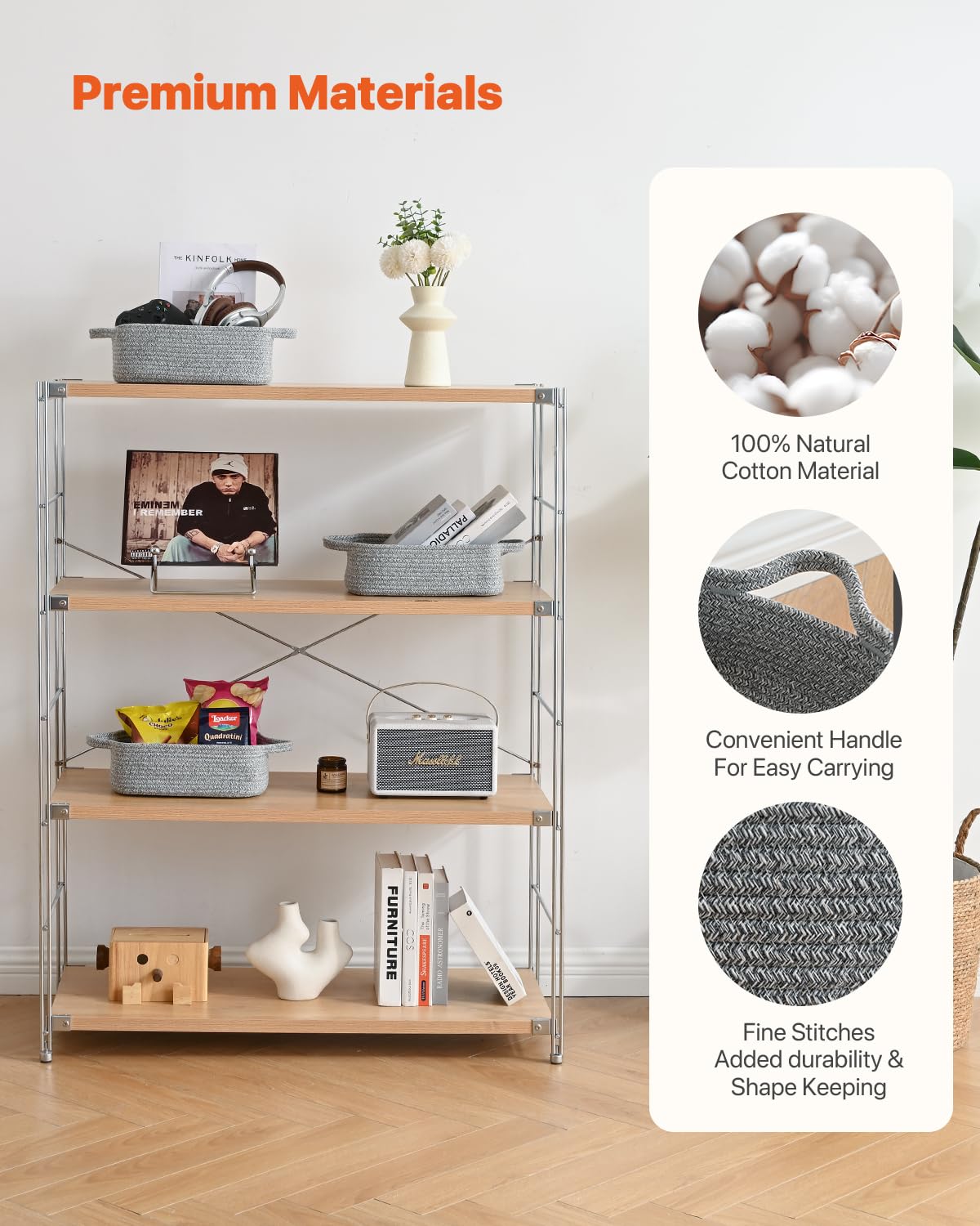 KALLAX basket neutral grey tone on shelf blends with any decor.