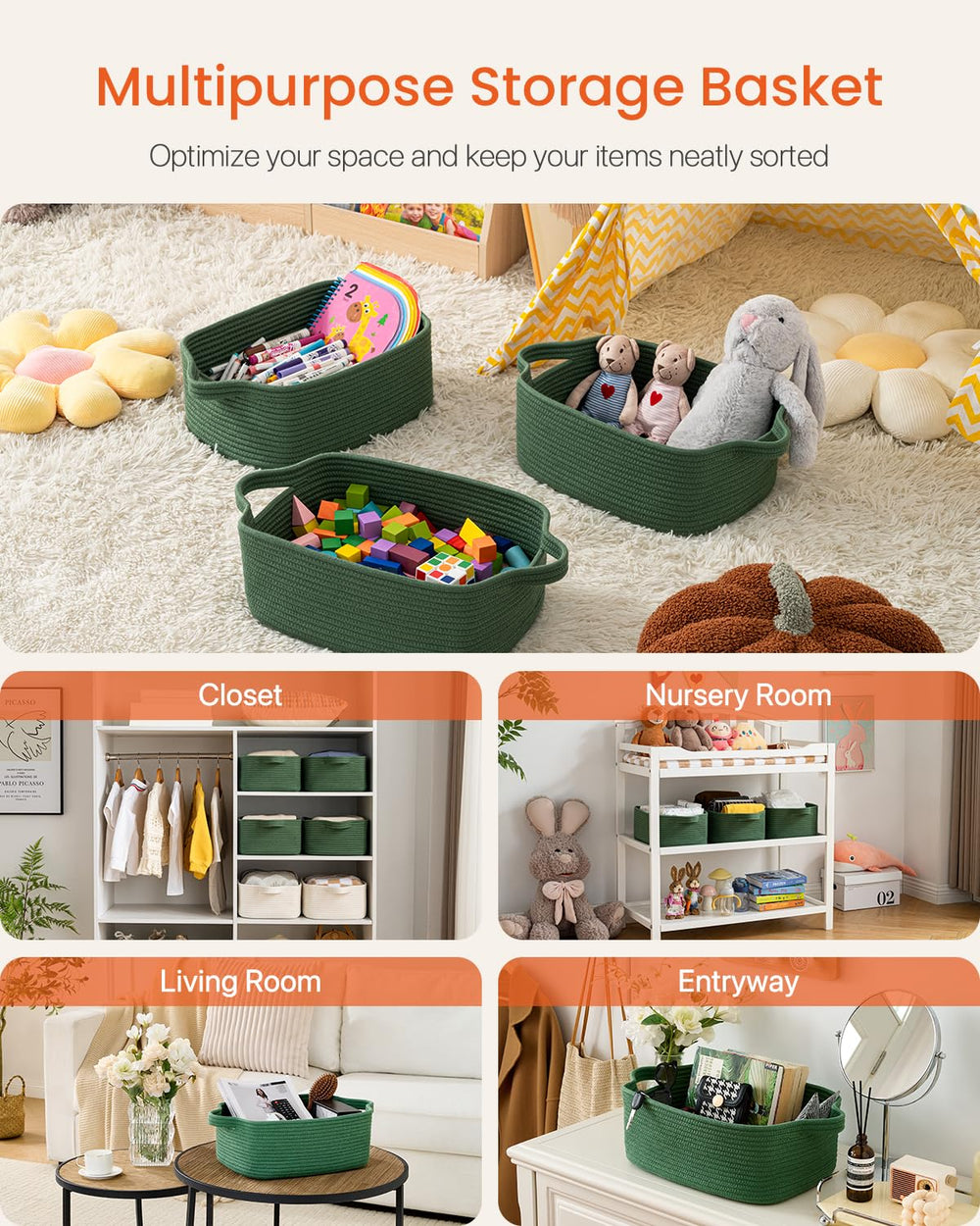 KALLAX small-woven basket nursery organization with towels, bibs, and toys.