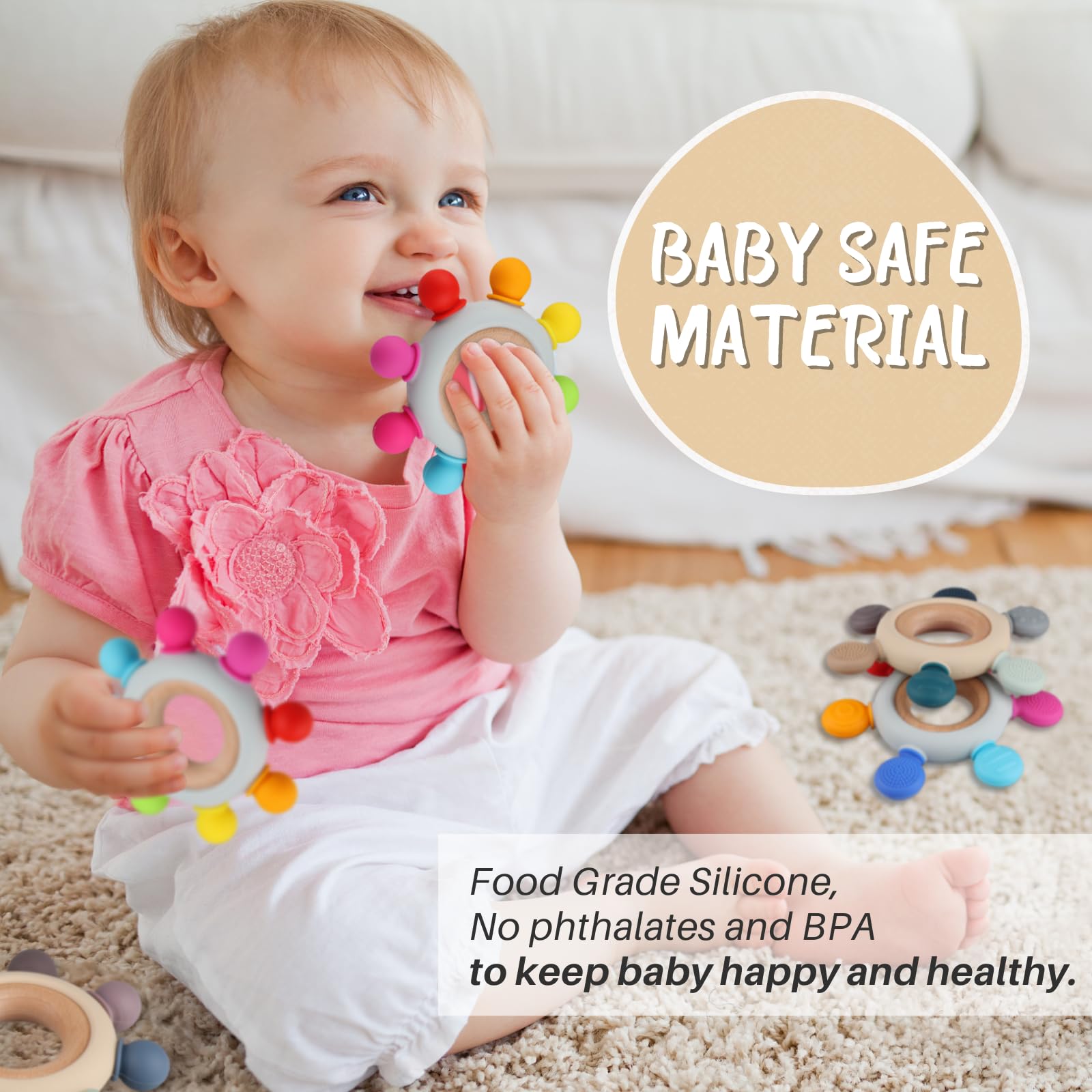 Kalovin silicone teether easy-grip: soft texture supports calming sensory exploration for little hands.