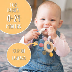 Kalovin wooden ring teether: natural wood attachment helps prevent drops and keeps it reachable.