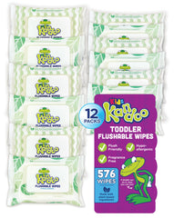 Kandoo flushable wipes packaging showing 12-pack fragrance-free formula for sensitive skin.