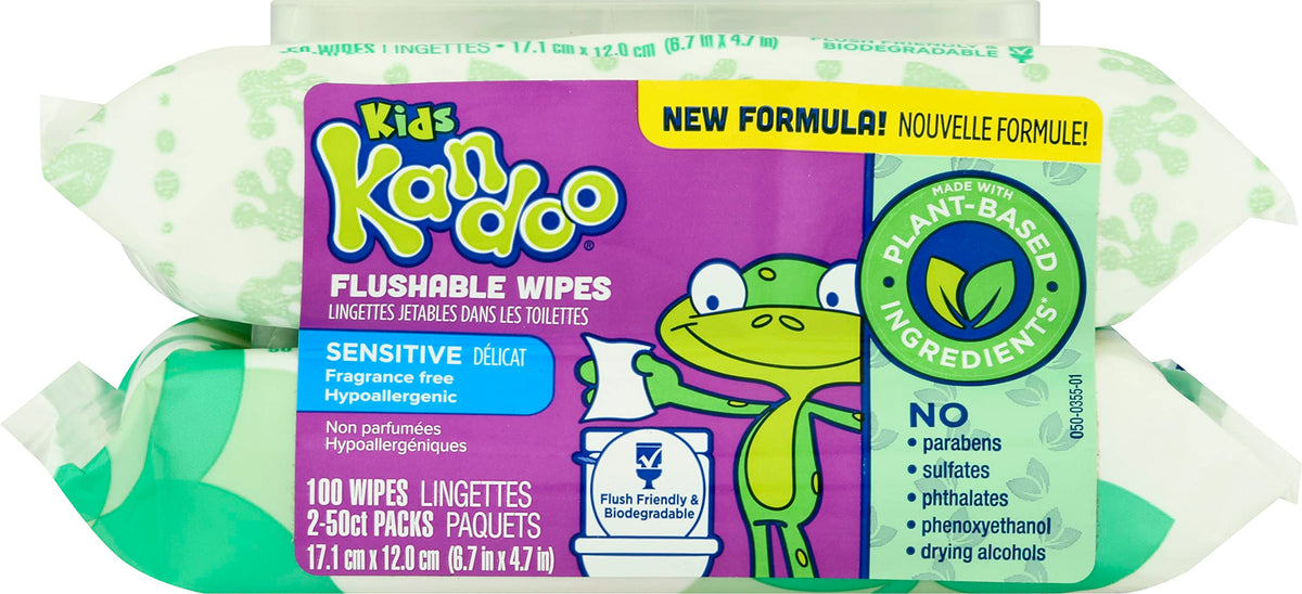 Kandoo flushable wipes with a sensitive toddler flip-top lid for quick, gentle cleanups on the go.