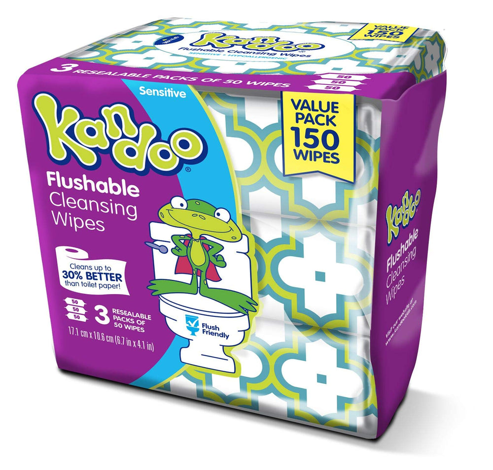 Kandoo Sensitive Flushable Wipes 3-pack packaging highlights portability and value.