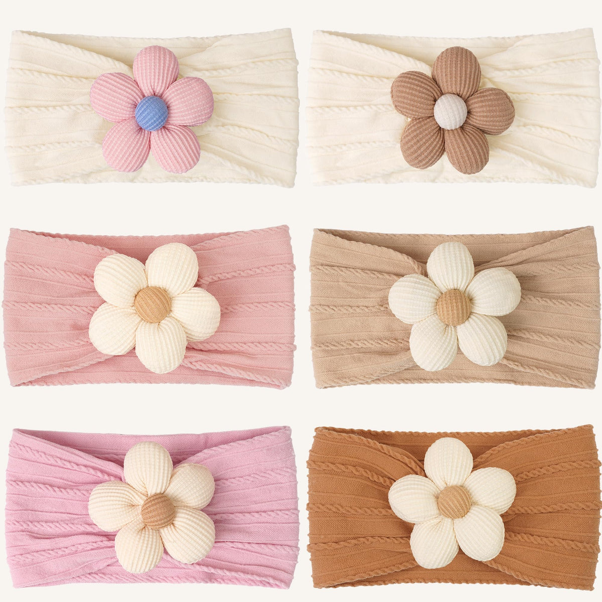 Kangaroo 6pcs baby flower headbands close-up, pastel flowers ideal for photos.