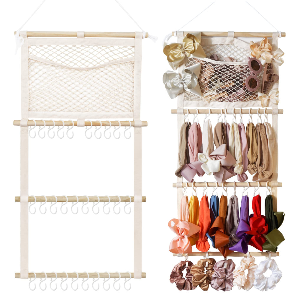 Kangaroo headband holder shows 30-inch storage for easy access to baby bows.