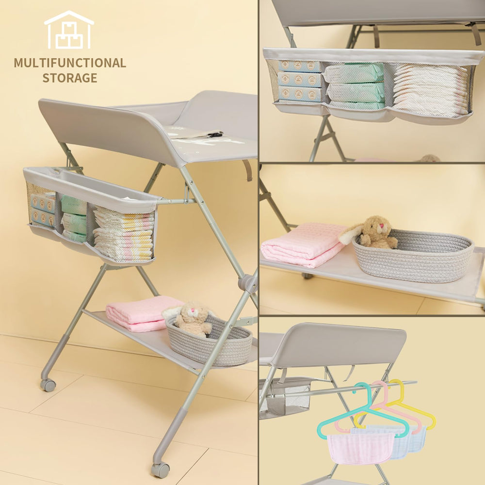 KARAOK changing table storage rack organizes diapers and wipes within reach.