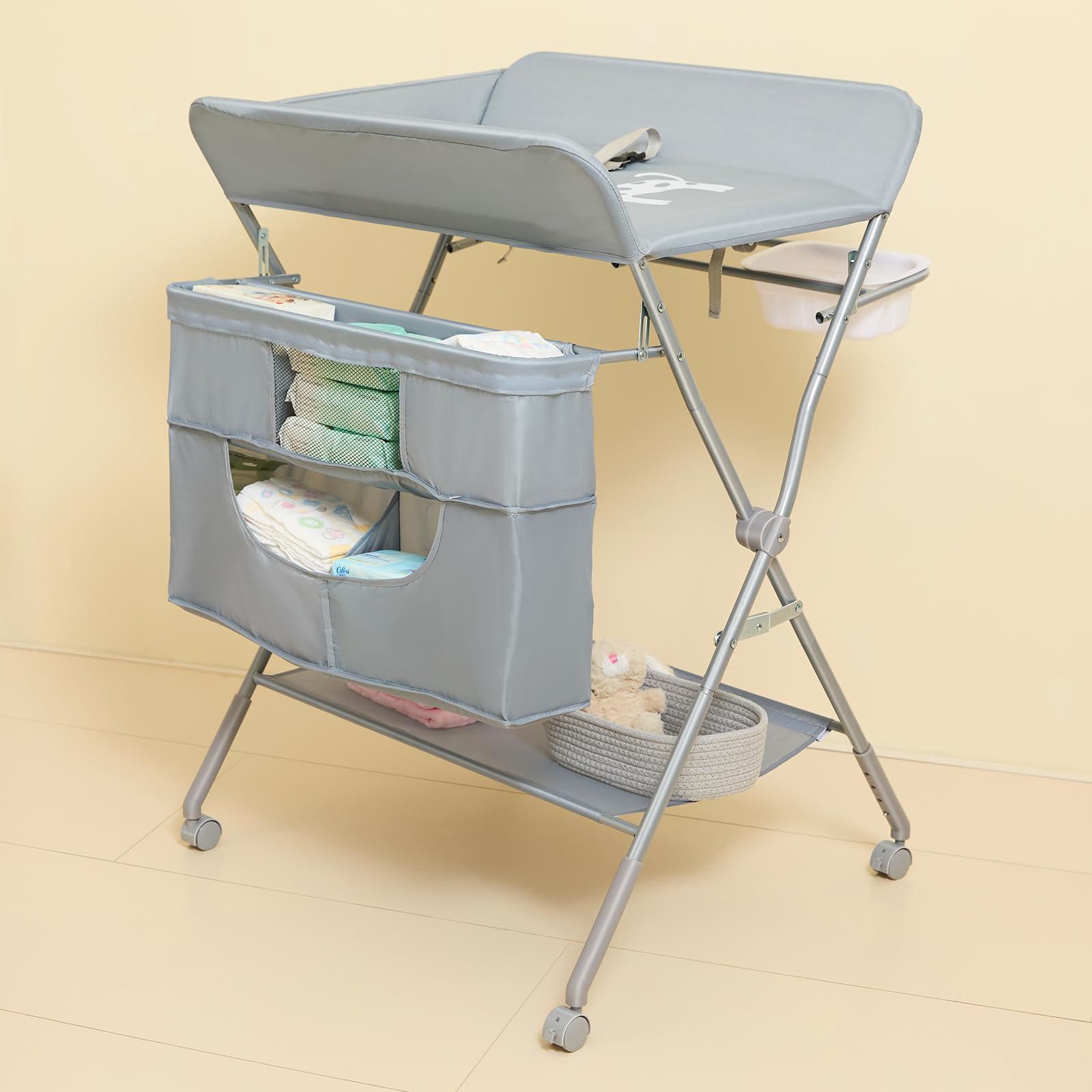 KARAOK foldable changing table with wheels for easy transport and secure placement