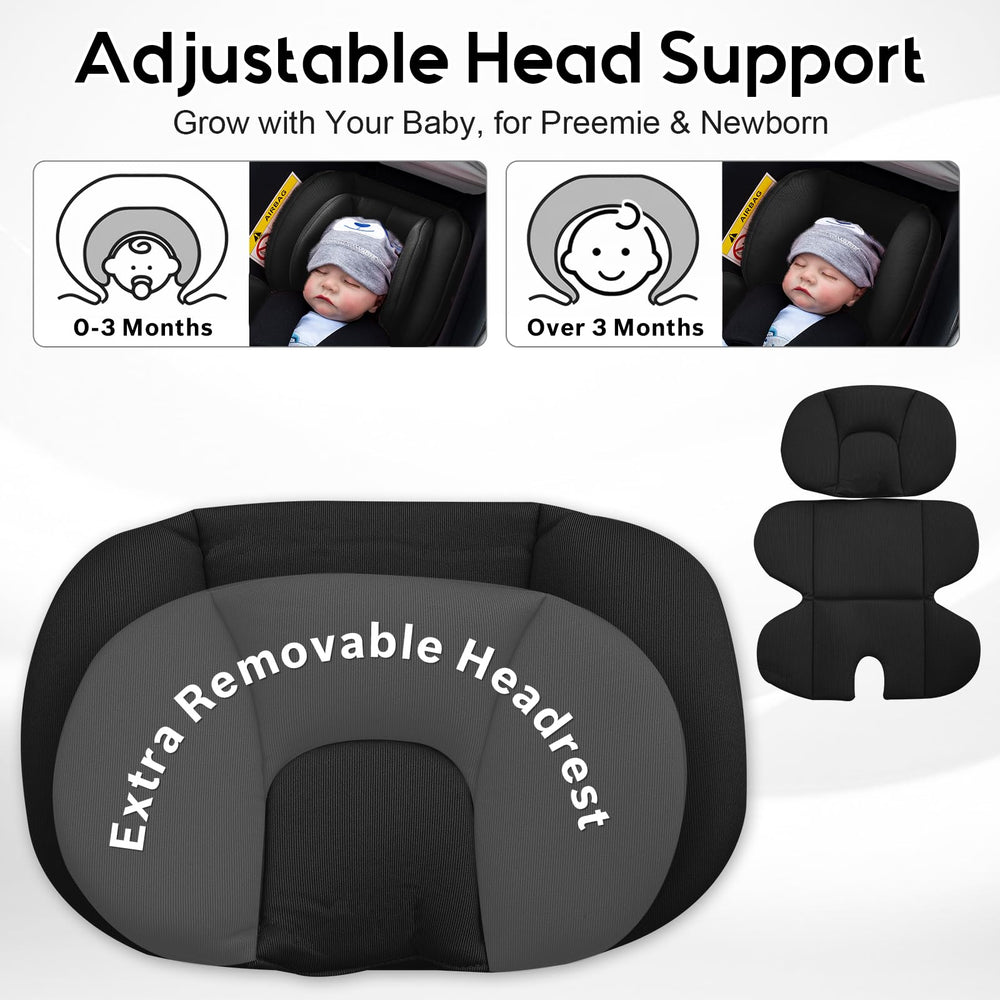 Kaseeous adjustable headrest sizes fit newborn to toddler.