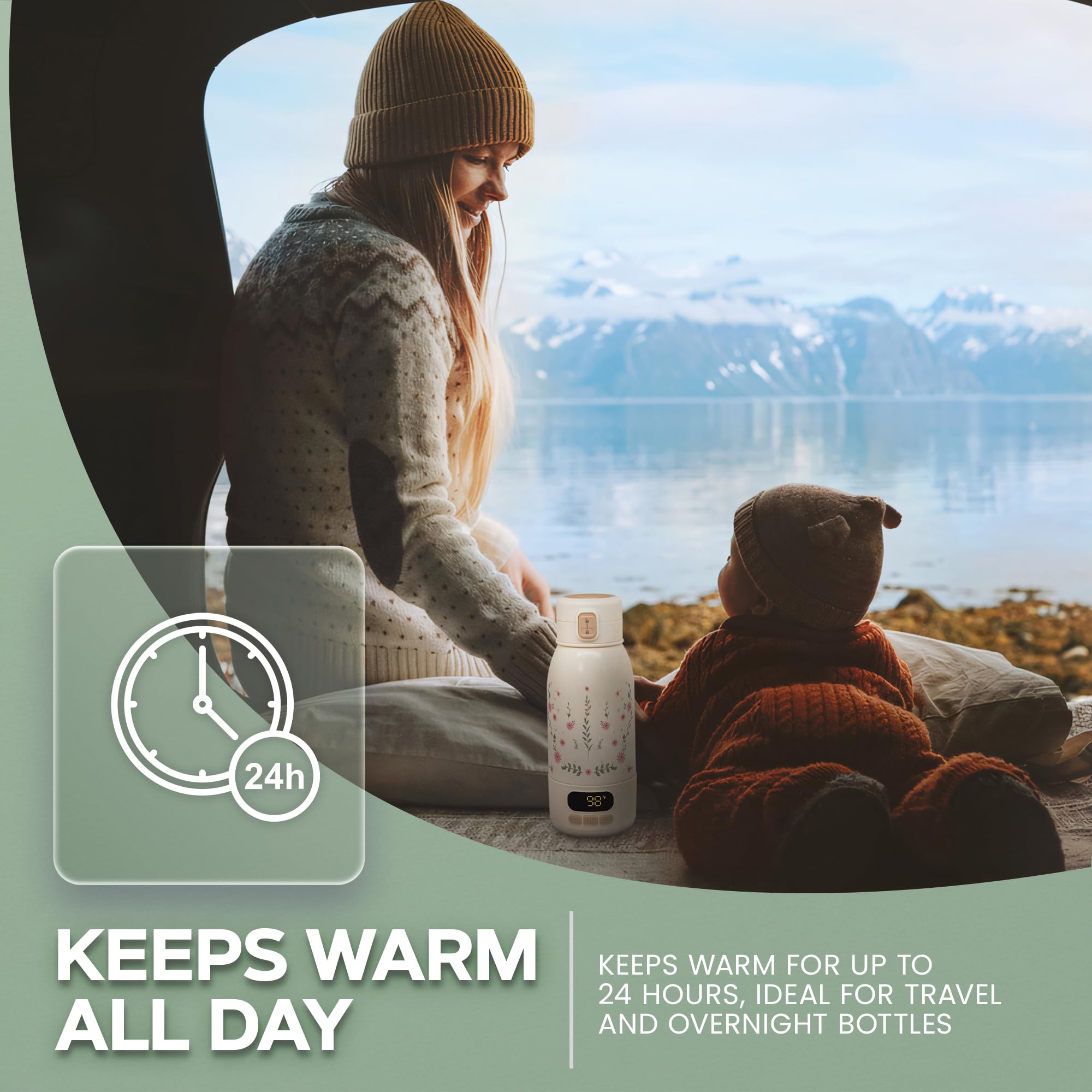 Kasey Mae portable bottle warmer long battery life for extended use.