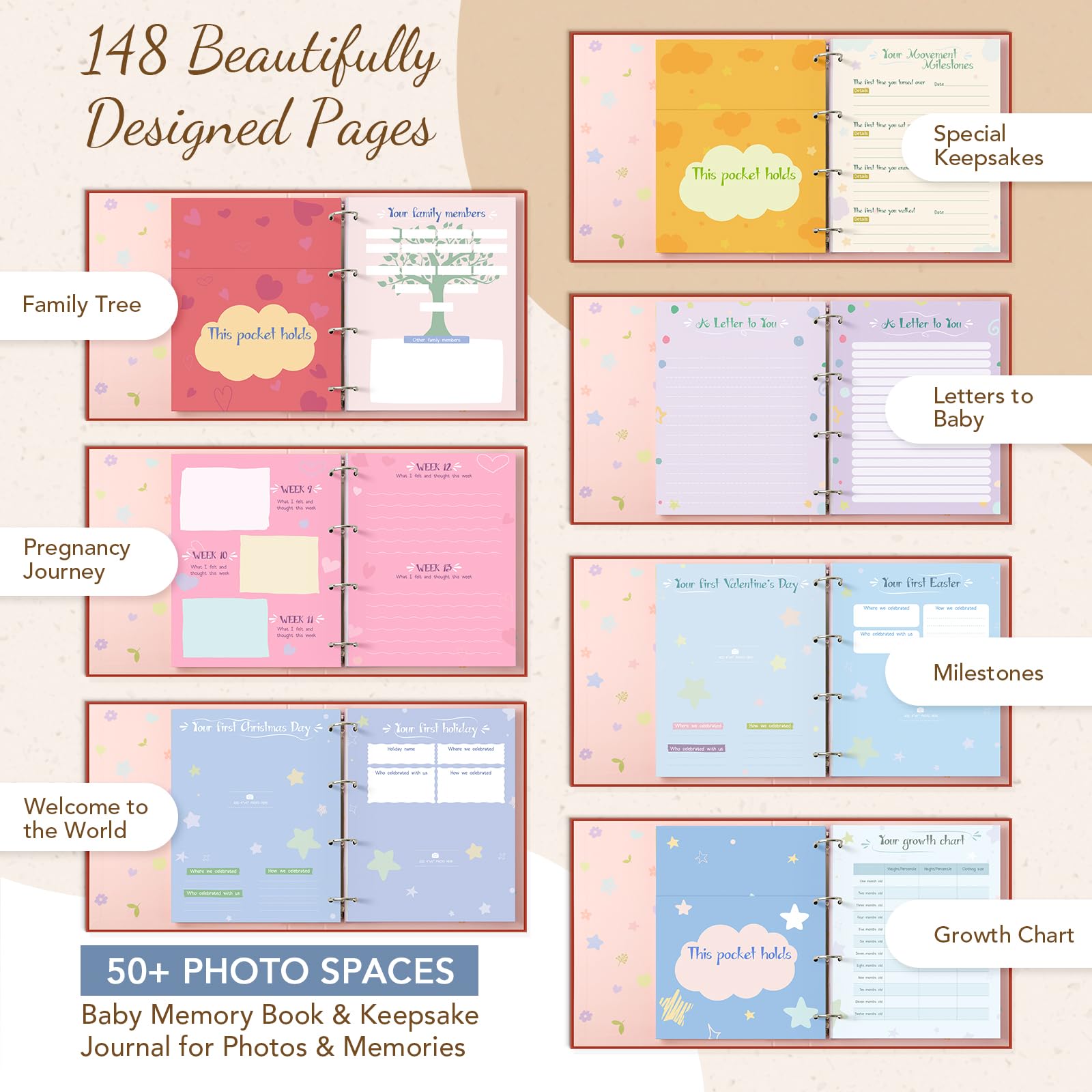 KASFALCI Themed sections with keepsake pockets organize ultrasound photos and mementos.
