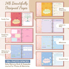 KASFALCI Themed sections with keepsake pockets organize ultrasound photos and mementos.