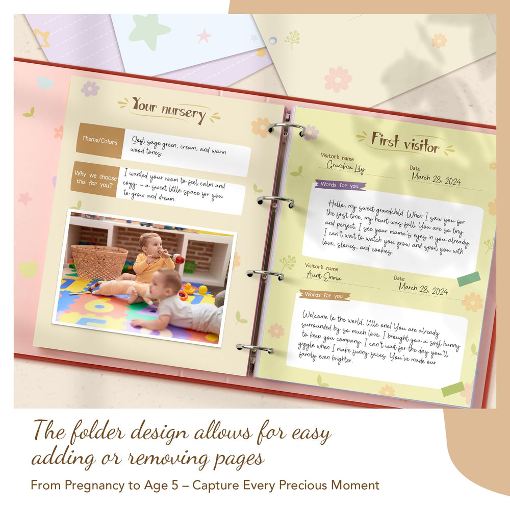 KASFALCI Baby Memory Book refillable binder highlights adjustable pages for growing memories.