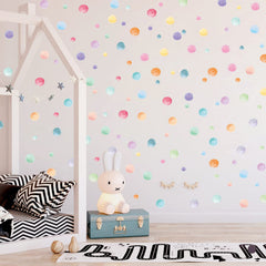 Kasubeso pastel polka dots wall stickers seen from both sides on glass surfaces.