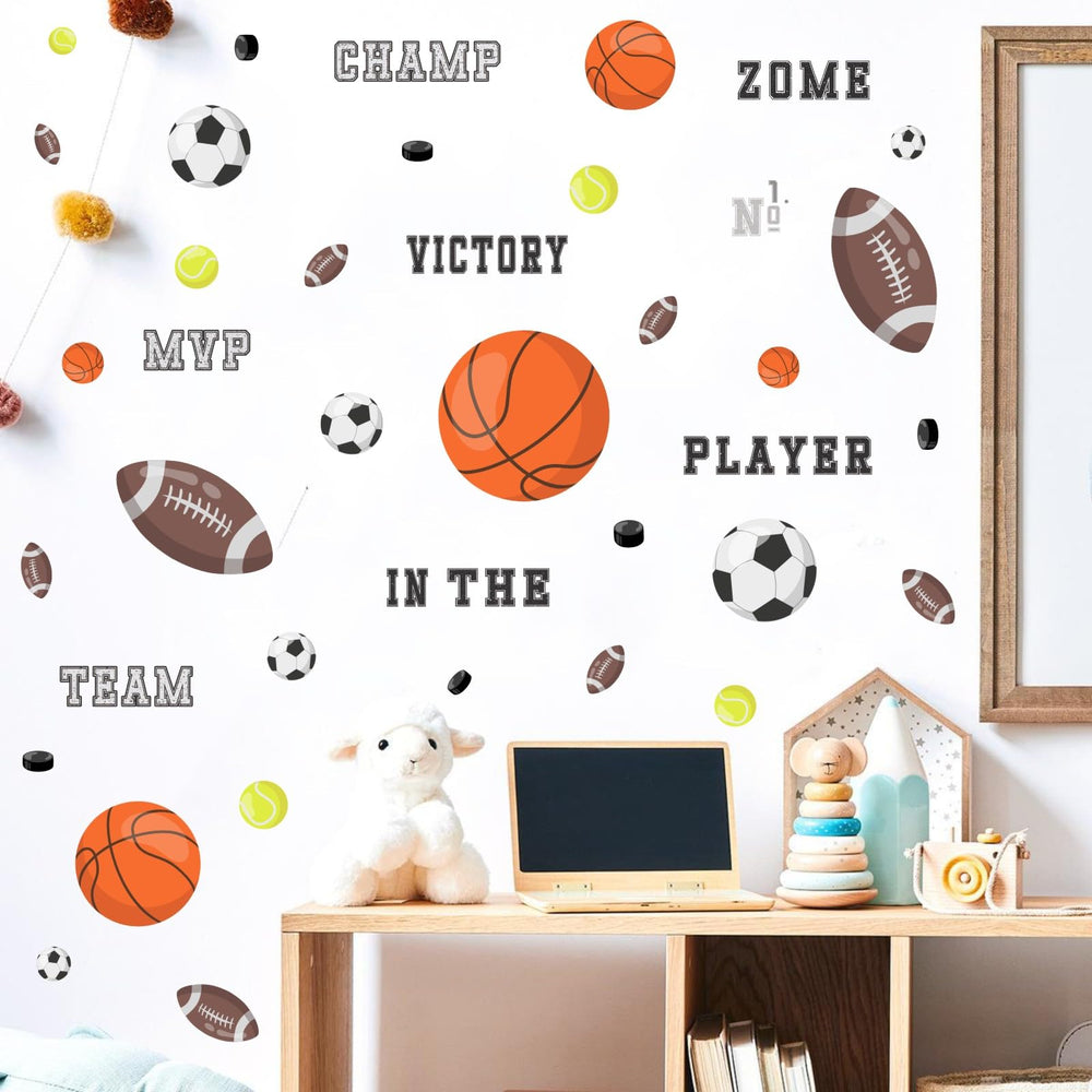Kasubeso sports wall decals basketball ball boosts gym-like atmosphere in bedrooms.