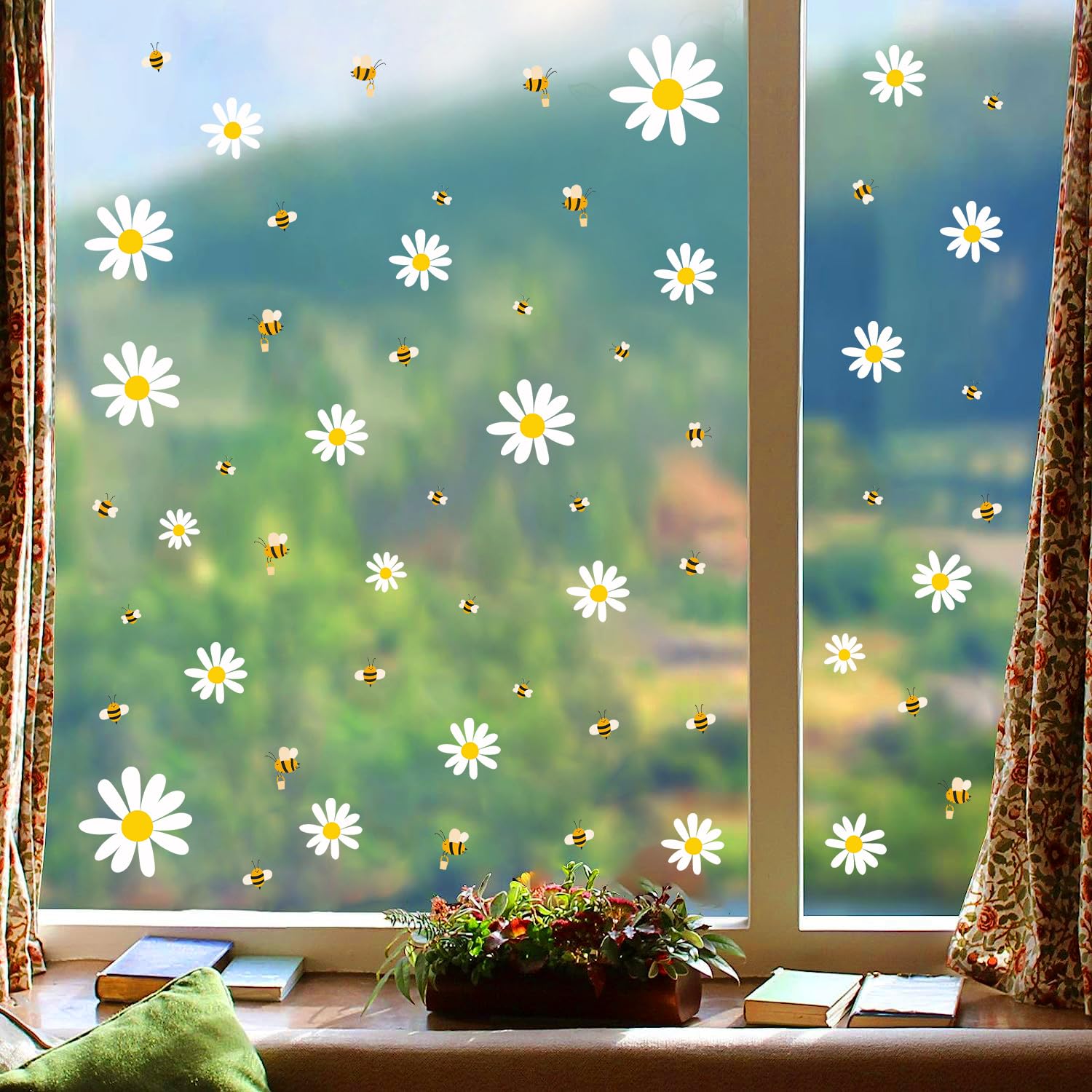 Kasubeso White Daisy and Bees wall stickers on a bedroom wall easy removable decor