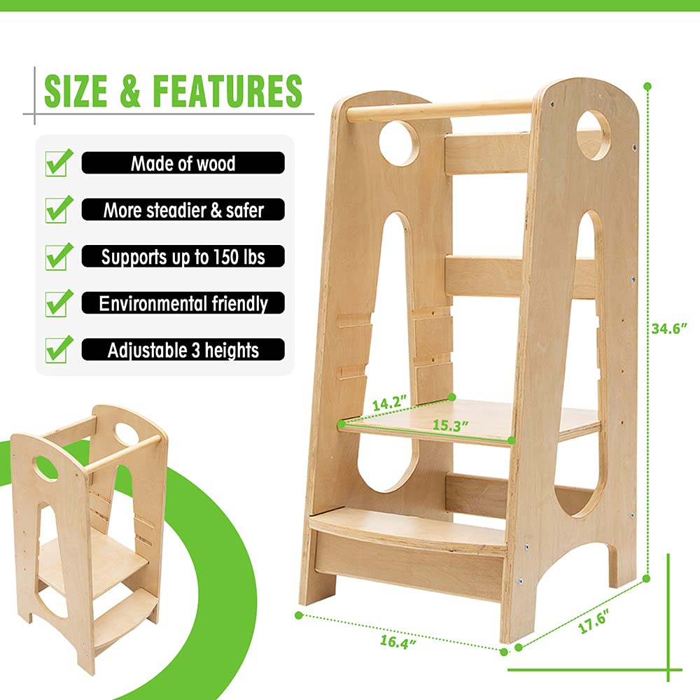KATARUS kitchen step stool shows height options 12, 16, and 19 inches for growing kids.