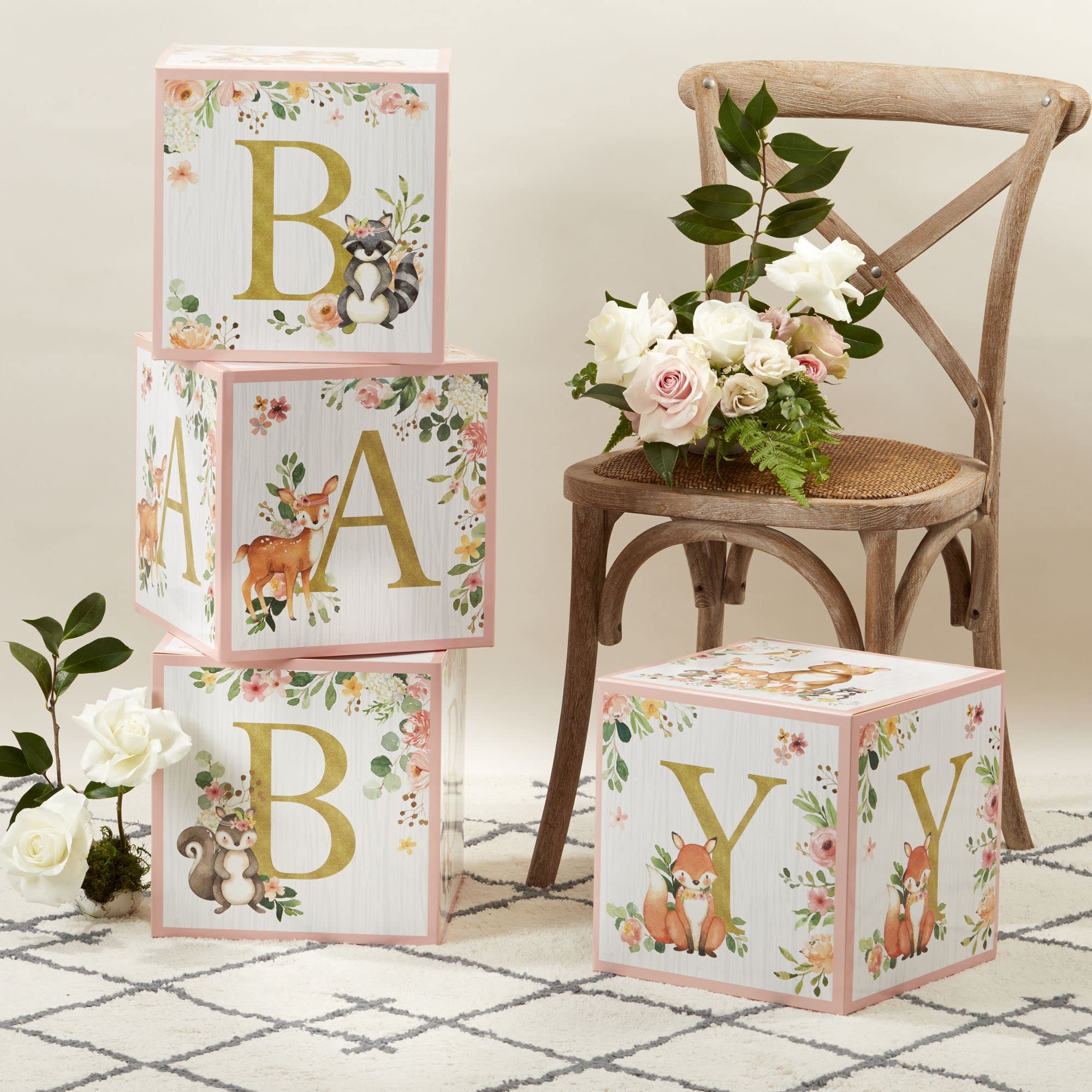 Kate Aspen Baby Shower photo prop setup with woodland blocks