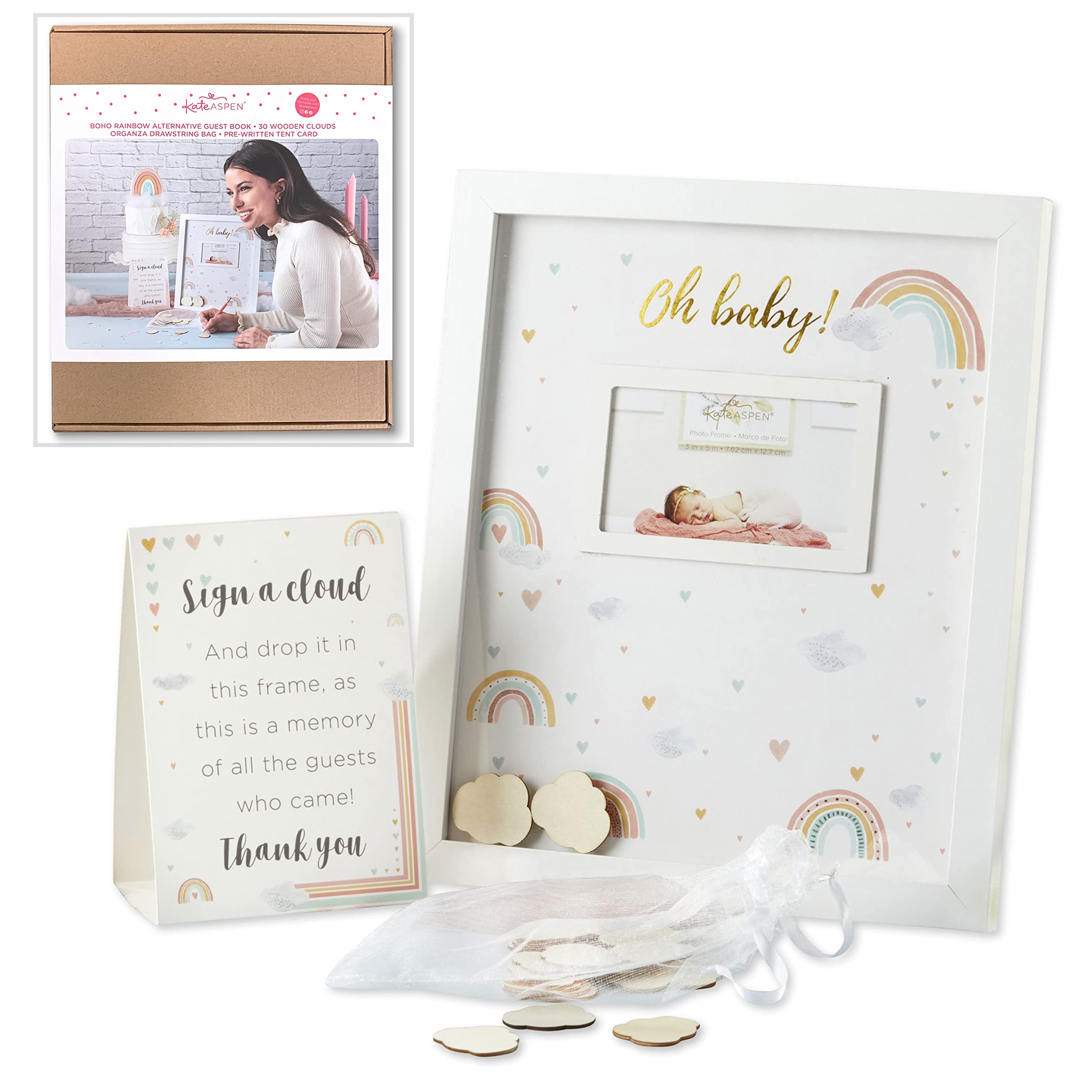 Kate Aspen Boho Rainbow guestbook front with Oh Baby gold foil keepsake