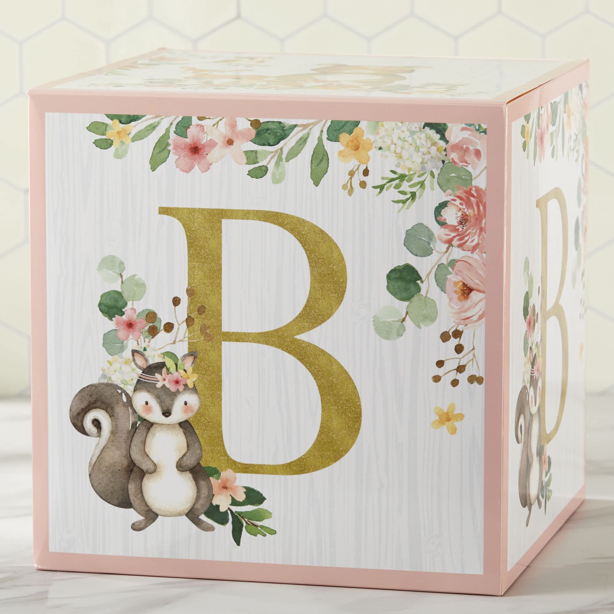 Kate Aspen Pink Woodland Baby Boxes assembled into BABY tower