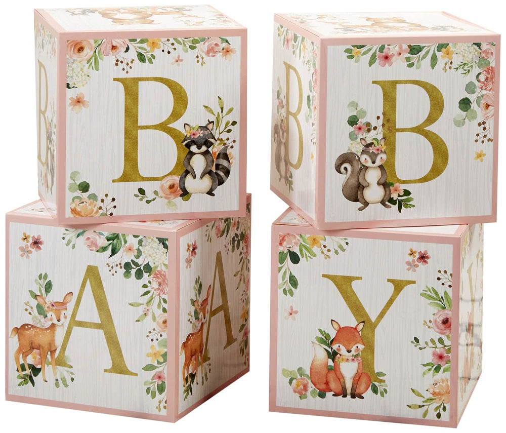 Kate Aspen Pink Woodland Baby Boxes folded, travel-friendly for showers