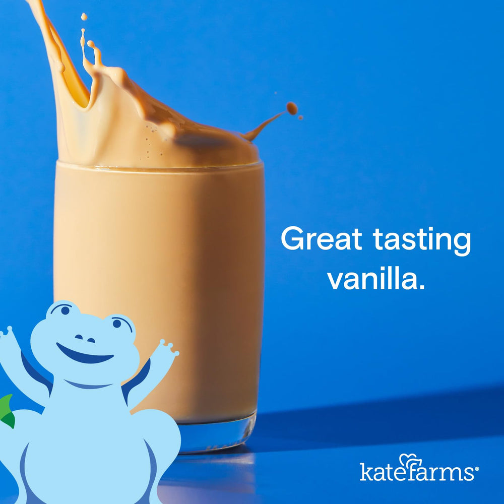 Kate Farms vanilla shake in a glass shows creamy taste and nutrition.