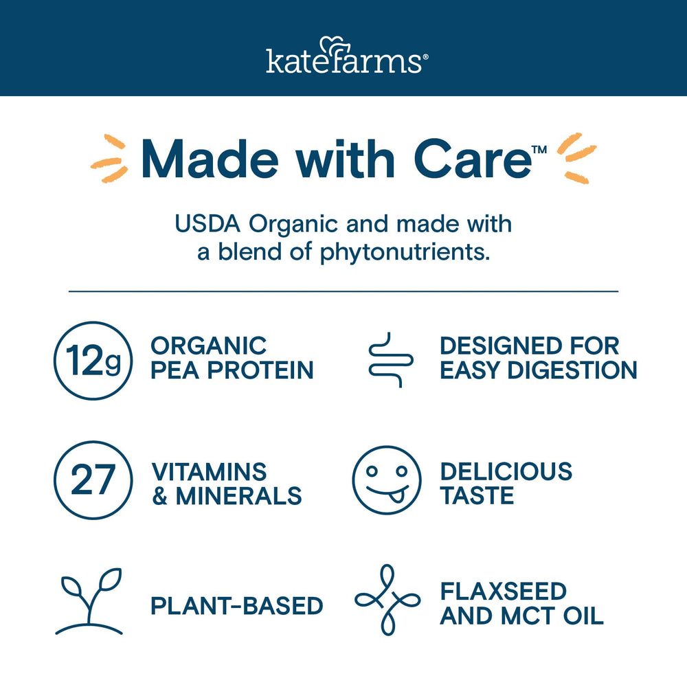 Kate Farms vanilla shake provides 12g protein per serving for growing kids.