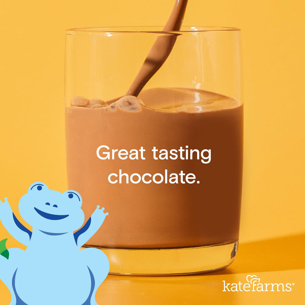 Kate Farms Organic Pediatric 1.2 chocolate bottle pour for convenient on-the-go nutrition.