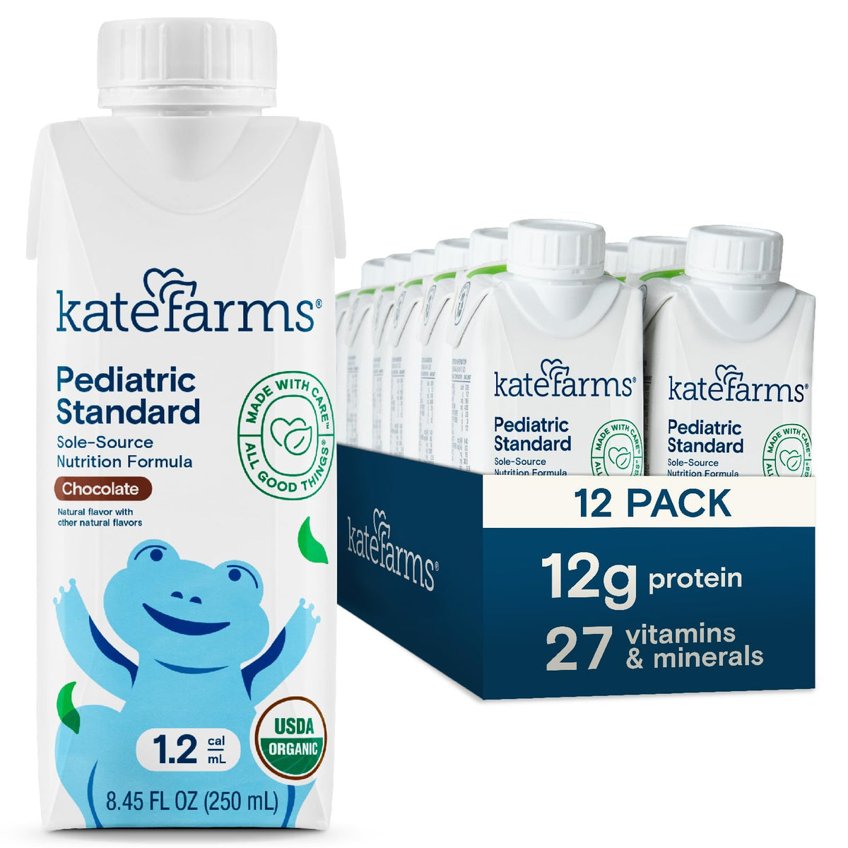 Kate Farms Organic Pediatric 1.2 chocolate carton front with kid-friendly flavor and plant-based nutrition.