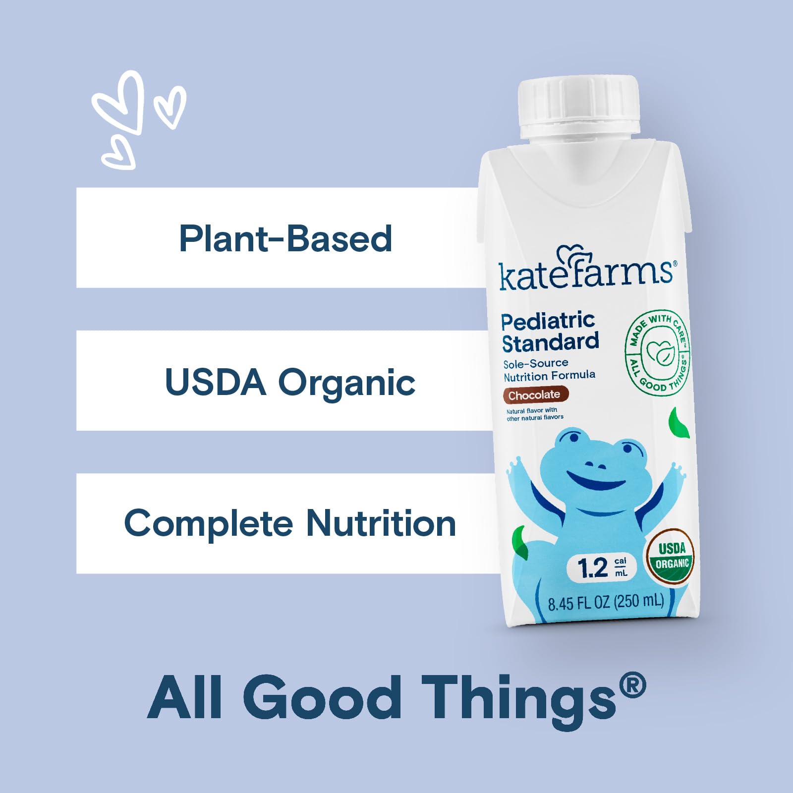 Kate Farms Organic Pediatric 1.2 chocolate glass serve showing breakfast option.