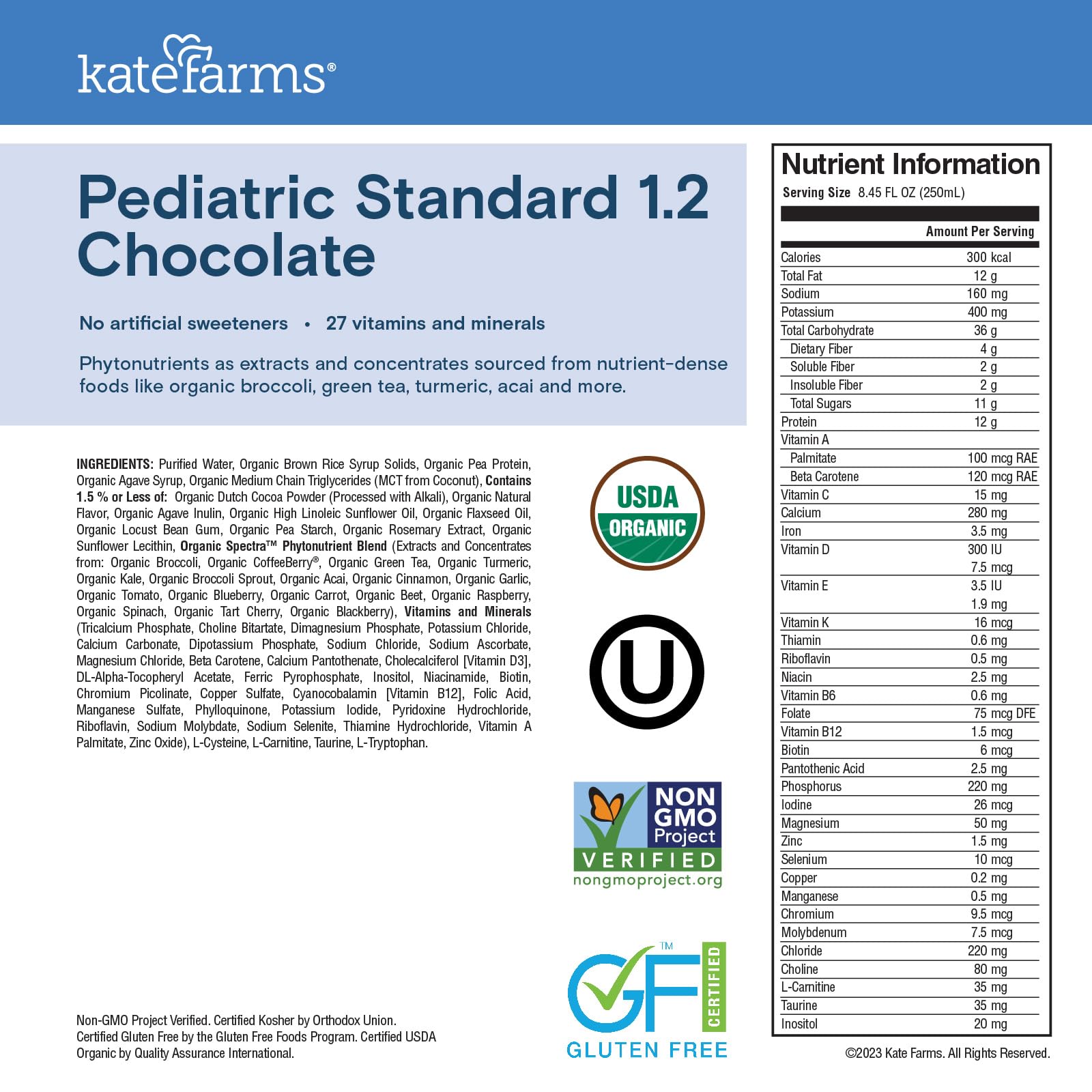 Kate Farms Organic Pediatric 1.2 chocolate nutrition facts show 12 g protein and 300 calories.