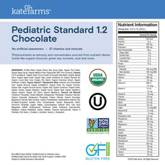 Kate Farms Organic Pediatric 1.2 chocolate nutrition facts show 12 g protein and 300 calories.