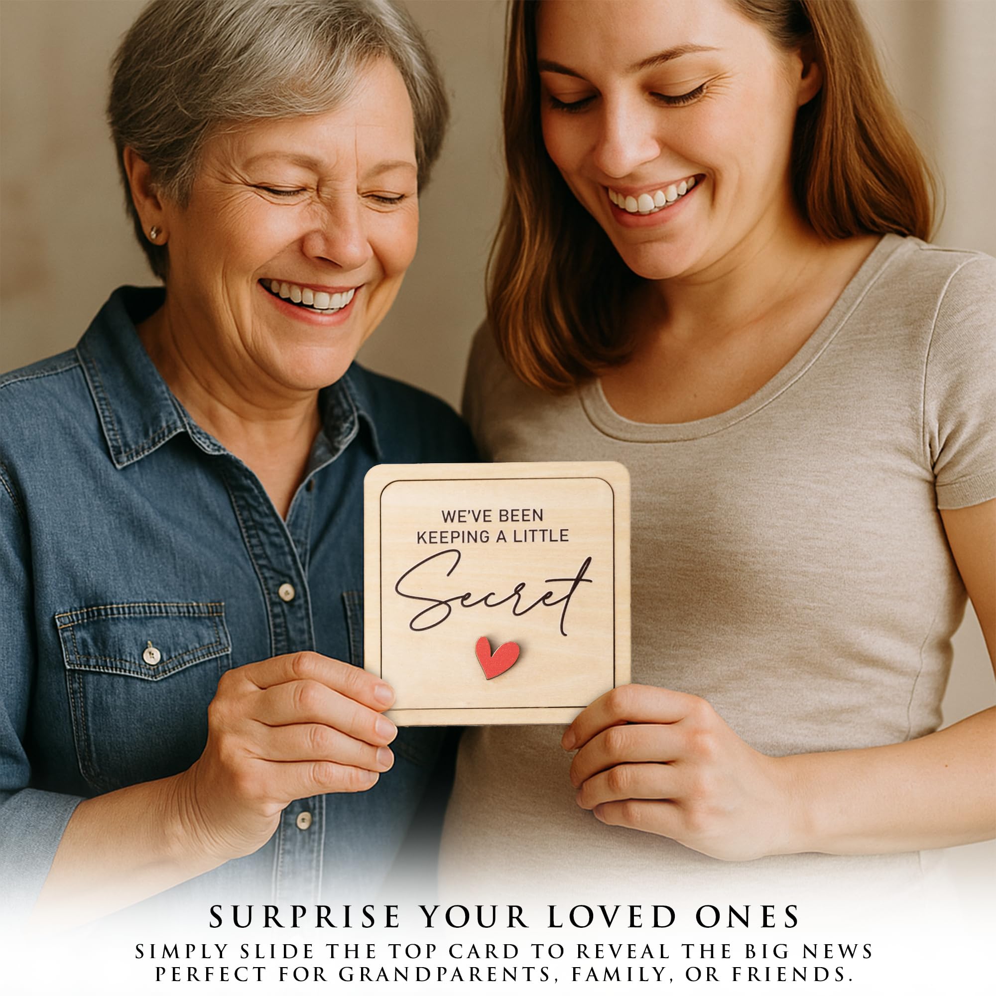 KATINAT Grandparent Reveal shelf display shows how it sits on a mantel as a keepsake.