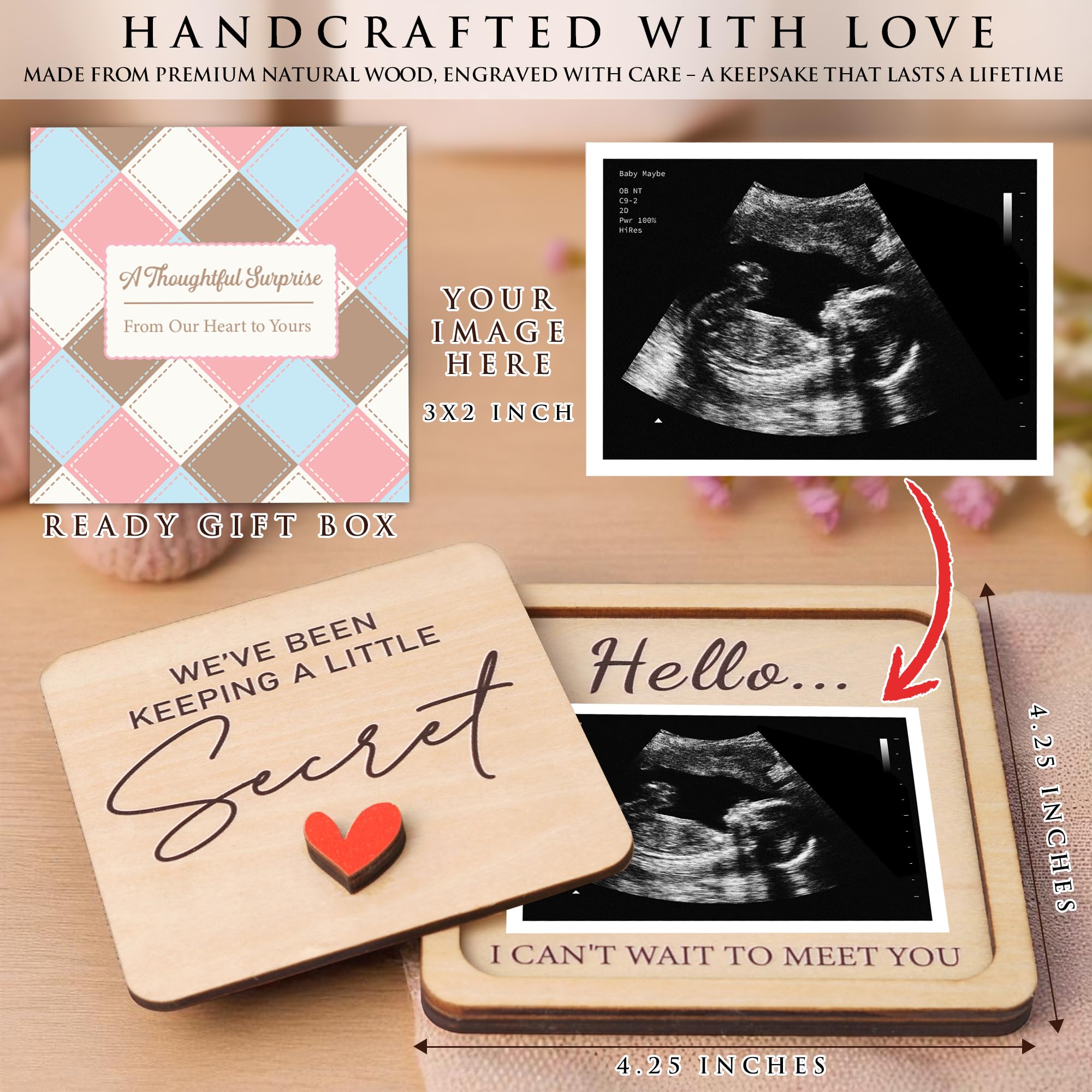 KATINAT Grandparent Reveal ultrasound slot close-up shows easy 2x3 inch sonogram photo insertion.