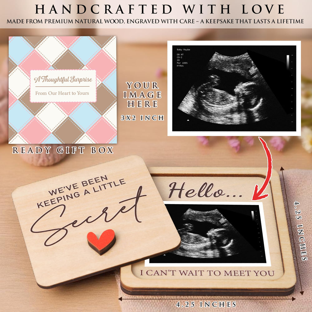 KATINAT Grandparent Reveal ultrasound slot close-up shows easy 2x3 inch sonogram photo insertion.